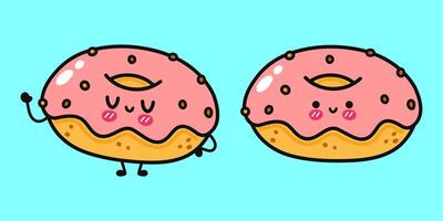 Two cute cartoon donuts with pink frosting on a light blue background, both smiling with joy. vector