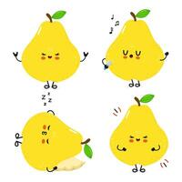 Delightful pear cartoon characters express joy, singing, meditation, and relaxation with cheerful expressions. vector