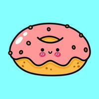 A cute, happy donut with pink frosting and chocolate chips on a light blue background. vector