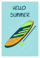 Bright summer illustration of a stand-up paddleboard with a paddle on water. vector