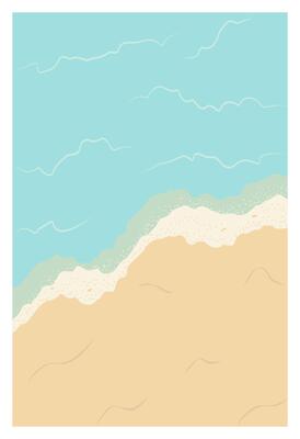 Minimalist summer illustration of a sandy beach with gentle ocean waves. Soft pastel colors create a relaxing and tropical vibe. Perfect for backgrounds, travel designs, vacation themes.