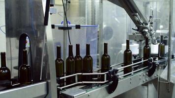 Wine bottle conveyor system operates efficiently in a production facility during working hours for quality beverage preparation video