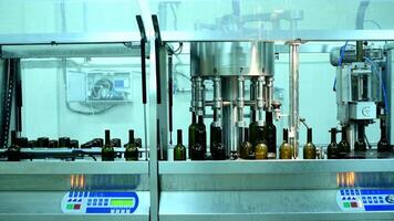 Wine bottle conveyor system transports glass bottles efficiently in a bustling factory environment video