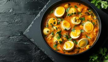 Egg boiled curry soup spicy meal for lunch on bowl dark background photo