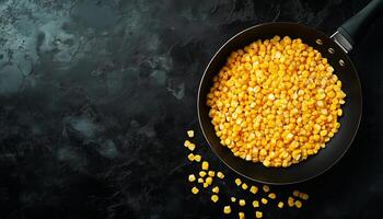 Corn peeled grain on black frying pan dark table background photo