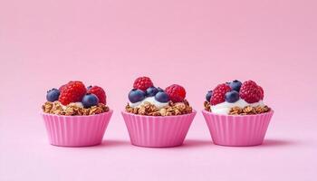 Three yogurt granola with fresh berries fruit on cup pink background photo