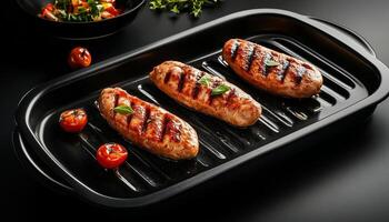 Chicken sausage grill slice baked with lemon and parsley on iron frying pan dark background photo