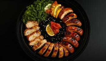 Chicken grill slice baked with lemon and parsley on iron frying pan dark background photo