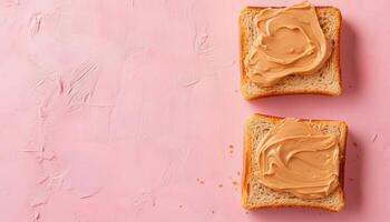 Loaf bread slice with peanut butter jam topping for simple breakfast on the morning photo