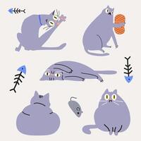 Cartoon cute cats character collection in various poses. Different funny domestic cat with happy charming playful expression. illustration vector
