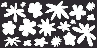 Botanical set of abstract white flowers. Organic floral doodles, leaves of different shapes. Trendy hippie funky shapes in cartoon retro style. cartoon illustration vector