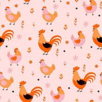 Seamless pattern with hens, roosters and flowers. graphics. vector