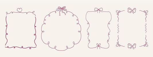 Whimsical coquette ribbon frame, hand drawn line ornament, border y2k romantic retro design element. Wavy curved vintage decor. vector