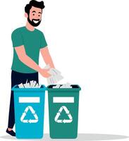 A flat illustration of a smiling man sorting waste into recycling bins marked with the universal recycling symbol vector