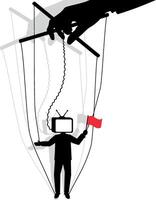 black and white puppet with a TV instead of a head and a red flag, controlled manually, no background, with shadow vector