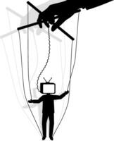 black white puppet with a TV instead of a head, manually controlled, no background, with a shadow vector