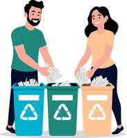 A flat illustration of a smiling man and woman sorting waste into recycling bins labeled with the universal recycling symbol. The bins are color-coded for different types of waste vector