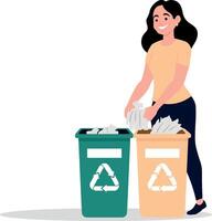 Flat illustration of a smiling woman sorting waste into recycling bins marked with the universal recycling symbol vector