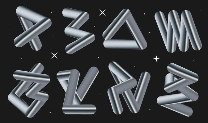 Set of metallic gradient line shapes. Geometric shiny 3d blend stroke. Design elements