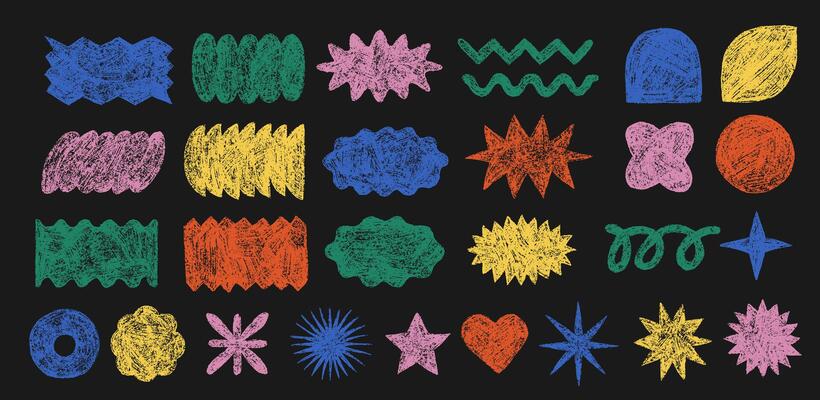 Geometric brutalist textured shapes. Playful multicolor elements swiss style. Set of abstract retro geometric basic shapes figure.