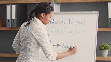 An African American woman teaches an online English lesson, writing on a whiteboard. She explains the present perfect tense and negative form to her students from a remote location. video
