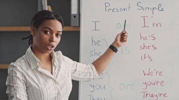 A woman guides students through the present simple tense in a remote learning environment. She uses a whiteboard with colorful text, making the lesson engaging and easy to understand. video