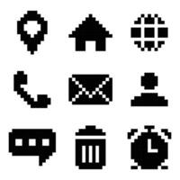 Black Pixel Art Icons Set Featuring Communication, Navigation, and Utility Symbols in a Retro Style vector