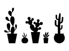 Black Silhouette of Various Cactus Plants in Pots. vector