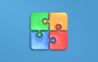 Colorful 3D puzzle pieces in green, orange, blue, and red forming a complete square on a blue background. Glossy jigsaw pieces symbolizing teamwork, problem solving, unity, and collaboration. vector