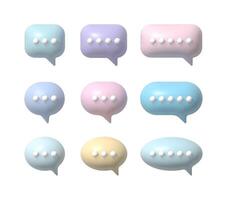 Set of nine pastel colored 3D speech bubbles with embossed dots, soft shadows on a white background. 3d chat bubble representing messaging, communication, and conversation in a modern digital style. vector
