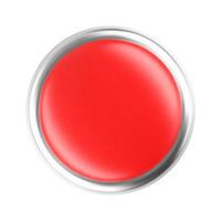 Large emergency red button 3d with a metallic silver frame, isolated on a white background. Shiny surface reflects light, creating a realistic 3D effect. Symbol of warning, urgency, and control vector