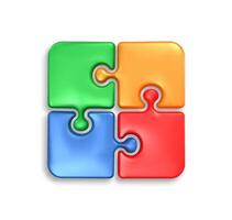 Colorful 3D puzzle pieces in green, orange, blue, and red forming a complete square, isolated on a white background. Glossy, interconnected jigsaw pieces, teamwork, problem solving, and unity. vector