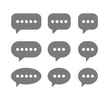 Set of nine gray speech bubble icons with dots, representing messaging, communication, and conversation. Minimalistic symbols isolated on a white, chat, social media, and digital interfaces. vector