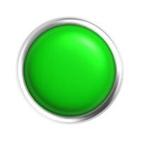 Glossy Green Button with Metallic Silver Frame Isolated on White Background, Shiny Round Push Button Symbolizing Approval, Activation, or Start, 3D Illustration for Interface Design vector