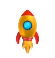 Colorful 3d rocket isolated with a yellow body, red fins, and a blue circular window, isolated on a white background. Futuristic space exploration icon with a playful, glossy, and toy design. vector