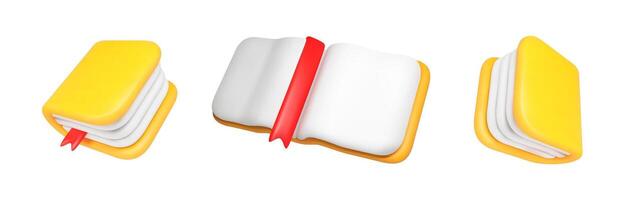 Yellow 3D Book Icon School Set Featuring Closed, Open, and Stacked Variations with Red Bookmark. Modern Digital Study Illustration for Education, Reading App, and E-Learning Design vector