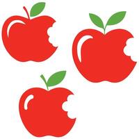 Bright red apples with bite marks and green leaves in flat style ideal for food design and education themes vector