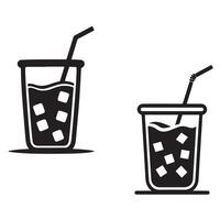 Simple black and white drink illustration featuring a glass with ice cubes and straw perfect for summer themes, beverage designs, cafe menus, and minimal drink concepts vector