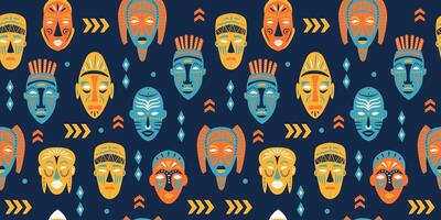 Seamless pattern of ritual masks of African ethnic tribes of various shapes on blue background. vector