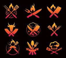 Cooking-Themed Icons with Knives and Flames. A set of stylish cooking-related icons featuring crossed knives, flames, and culinary symbols in a fiery color scheme. vector
