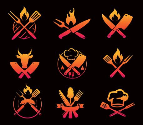 Cooking-Themed Icons with Knives and Flames. A set of stylish cooking-related icons featuring crossed knives, flames, and culinary symbols in a fiery color scheme.