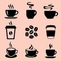 Coffee Icons Set with Steam and Beans. A collection of minimalistic black coffee-related icons featuring cups, steam, and coffee beans on a soft beige background. vector