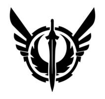 Black and White Sword with Wings Emblem. A strong monochrome emblem of a sword with wings, symbolizing power, freedom, and warrior spirit. vector