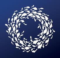 Swirling Fish Circle on Deep Blue Background. A mesmerizing illustration of fish swimming in a perfect circle, symbolizing nature, balance, and harmony. vector