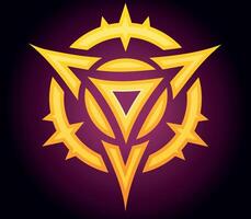 Golden Abstract Emblem with Glowing Edges. A futuristic golden emblem with sharp, glowing edges on a dark gradient background, resembling a powerful symbol or logo. vector