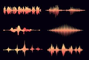 Colorful Audio Waveforms on Dark Background. A sleek and modern visual of colorful sound waves in warm tones, representing music, frequency, and digital audio. vector