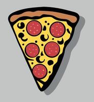 Cartoon Pizza Slice with Pepperoni and Cheese. A fun and colorful illustration of a pizza slice with melted cheese and pepperoni on a soft gray background. vector