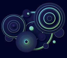 Abstract Futuristic Circular Geometry with Neon Glow. A digital abstract design featuring interconnected glowing circles and futuristic neon-green rings on a dark background. vector