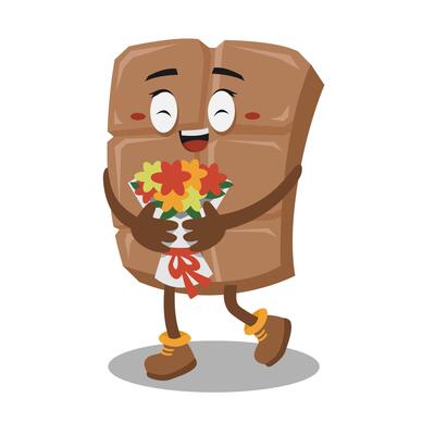 A cartoon chocolate bar character holding a bouquet of flowers