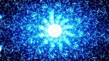 Abstract fractal energetic sphere of particles. A chaotic tangle of blue rotating glow particles. meditation, psychedelics, hypnosis video